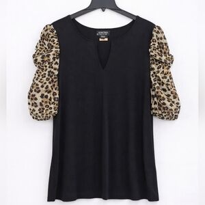 Madison Paris New York Blouse 2X Sheer Cheetah Sleeves Gold Clasp Keyhole